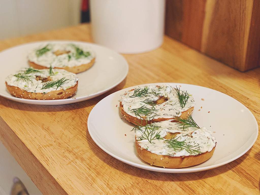 Vegan dill and scallion cream cheese on everything bagels